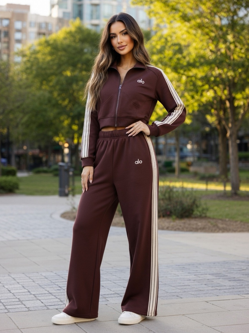Brown Wide-Leg Track Pants with Cream Side Stripes and jacket